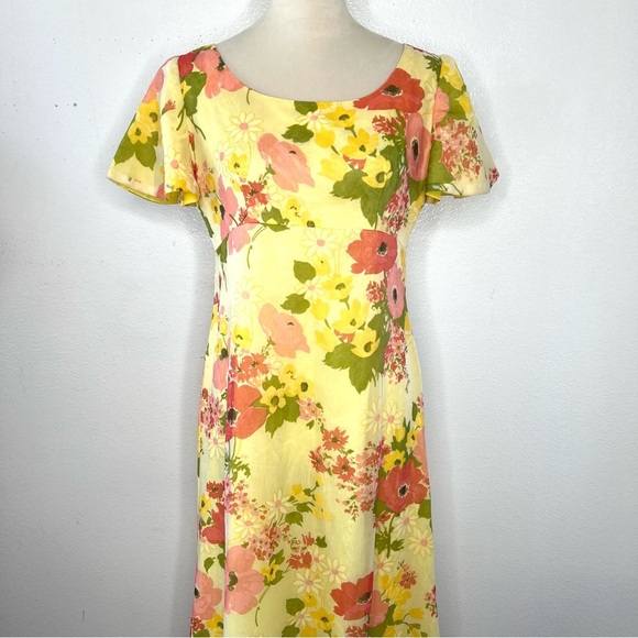 VINTAGE 1970s Floral Maxi Dress Yellow Prairie Gown Bohemian 70s Boho Hippie - Picture 2 of 9